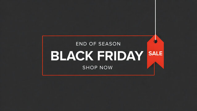 Black friday end of season sale with a red price tag hanging from a string on a dark grey background, for retail marketing campaigns