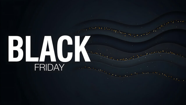 Black friday promotional banner featuring dark wavy paper cut layers with scattered gold glitter particles and bold white text typography