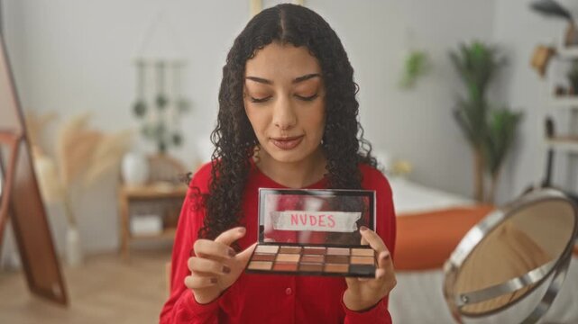 Woman holds an eyeshadow palette labeled nudes, points finger to palette while smiling in a studio setting; confidence beauty.