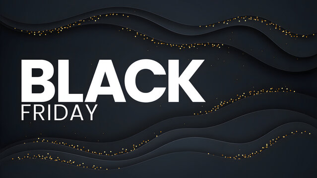 Black friday sale banner with dark layered wavy paper background, and sparkling gold, dust accents surrounding, bold white text