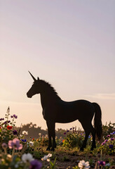 Fototapeta premium Fantasy and imagination concept, silhouette of a unicorn standing in a wildflower meadow at sunset with soft golden hour light and magical atmosphere