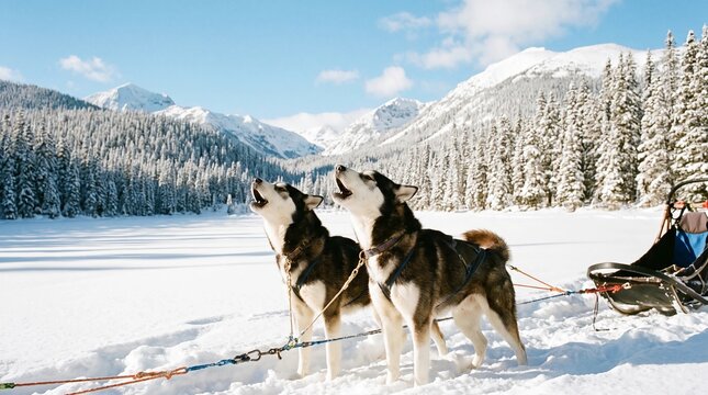 Two Husky dogs howling in a snowy mountain landscape harnessed to a sled