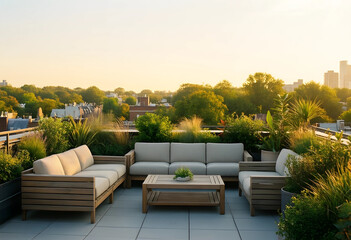 Fototapeta premium Urban rooftop garden and outdoor living space, luxury terrace lounge with modern furniture and sunset skyline view for relaxation and lifestyle design