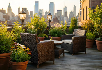 Obraz premium Urban lifestyle and luxury living, rooftop terrace with wicker furniture and potted plants overlooking a city skyline at sunset for real estate concepts