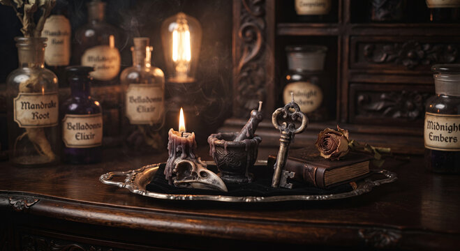 Vintage alchemist or witch laboratory desk with magic props, potion bottles, skull candle, and antique key