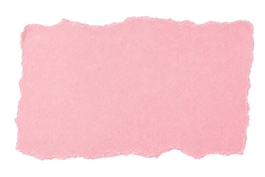 A rectangular piece of pink paper with rough torn edges isolated on a clean white background