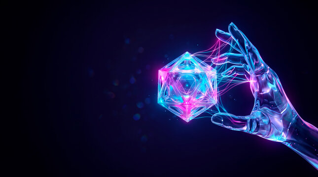 3D cybernetic hand with glowing blue and pink neon light connections touching a digital polygon shape