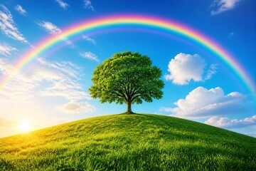 Obraz premium Solitary tree standing on grassy hill with rainbow