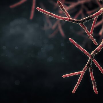 Microscopic view of branching fungal hyphae with selective focus and dramatic lighting against a dark background