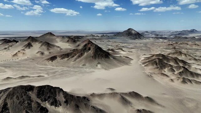 aerial view of black du shan unique volcanic rock and sand dune landscape