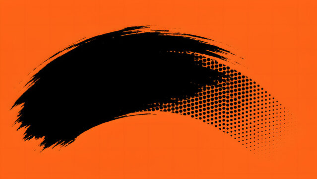 Curved black brush stroke with halftone dot texture on a bright orange background, artistic for various visual projects