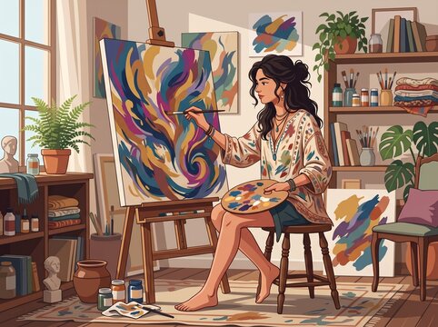 expressive enneagram type four character with paintbrush showing creativity uniqueness  

