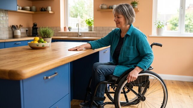 Wheelchair user tests an accessible kitchen worktop