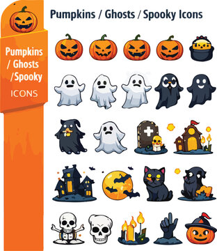 Set of cute halloween vector icons featuring pumpkins ghosts black cats