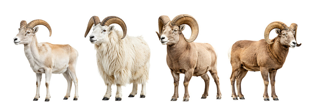 Set of four rams with large curved horns isolated on white background