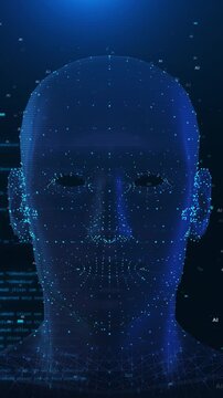 Animated digital ai head with code overlay and tech panel