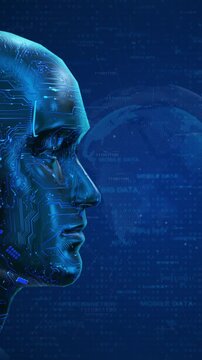 Auturistic artificial intelligence concept. Face and tech ai