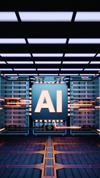 Futuristic data center with ai chip and glowing data transfer