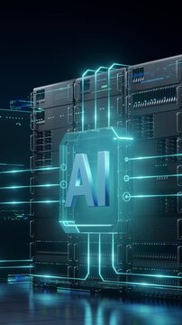 Digital ai server racks with glowing data flow