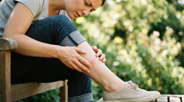 Woman Examining Red Irritated Insect Bite on Lower Leg While Sitting Outdoors