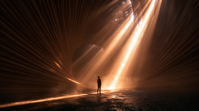 Futuristic Architectural Tunnel with Dramatic Light Beams and Silhouette