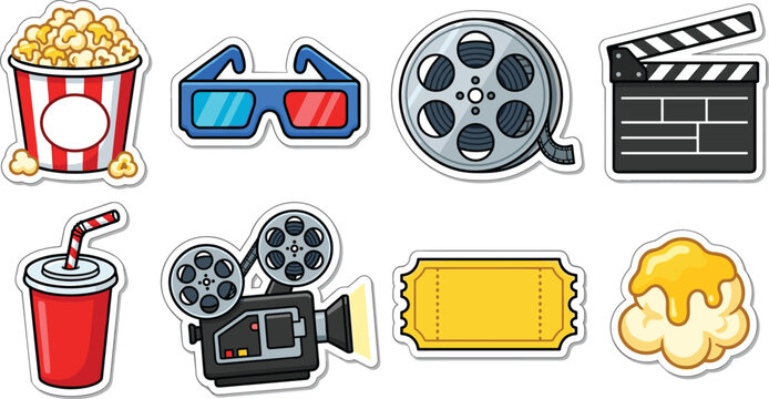 Cinema and Movie Theater Sticker Vector Set with Popcorn Bucket, 3D Glasses, Clapperboard, Film Projector, Ticket, and Soda Cup