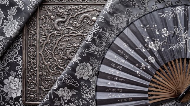 Traditional Chinese Folding Fan and Brocade Silk Fabric