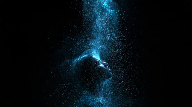 Person Looking Up Illuminated by Glowing Blue Cosmic Particles