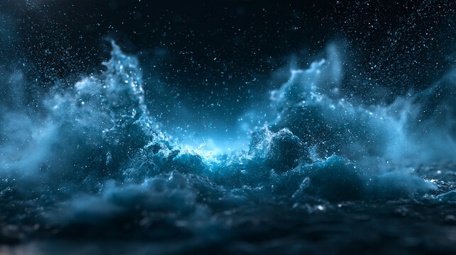Dynamic Water Splash with Glowing Blue Droplets and Spray