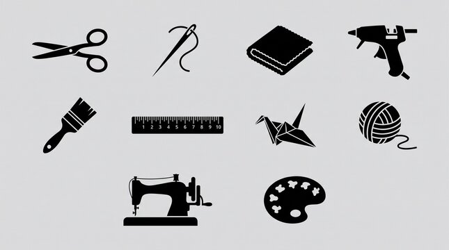 Black silhouette icons of crafting and DIY tools including scissors, needle, thread, fabric, glue gun, paintbrush, ruler, origami, yarn, sewing machine, and palette.