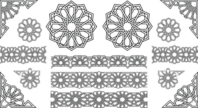 Islamic Geometric Pattern Vector Set with Arabic Star Medallions, Interlaced Borders, and Ornamental Corner Frames for Ramadan and Mosque Designs