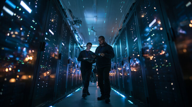 IT Engineers Walking Through Data Center Server Room