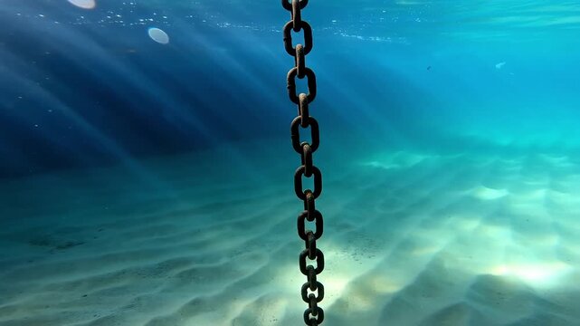 Heavy metal ship anchor chain hanging underwater over sandy sea floor with sun rays