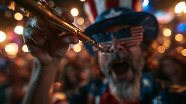 Patriotic Man Celebrating Fourth of July at Night Party