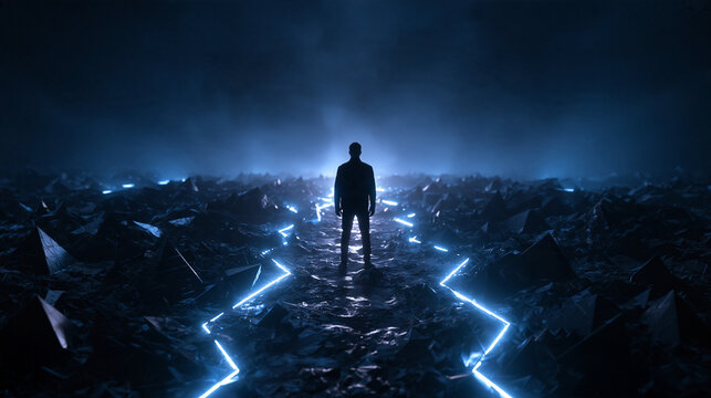 Silhouette of Man on Glowing Futuristic Cyber Landscape