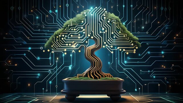 Digital Bonsai Tree of Life Technology, Innovation, Circuit Board Nature Fusion