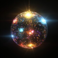 Obraz premium Disco ball reflecting colorful lights in darkness with lens flares during a party celebration