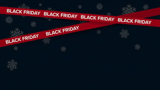Red ribbons with black friday text crossing over a dark black background, decorated with white, snowflake patterns for, seasonal sales event