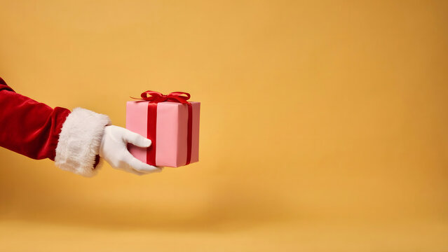 Santa claus hand in red sleeve and white glove holding a small pink gift box with a red ribbon on a solid warm yellow background, for holidays