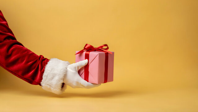 Santa claus hand in red sleeve and white glove holding a small pink gift box with a red ribbon on a solid warm yellow background, for holidays