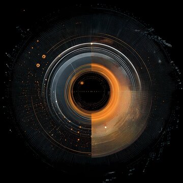 Abstract circular data visualization with orange glow on dark background representing technology and information flow