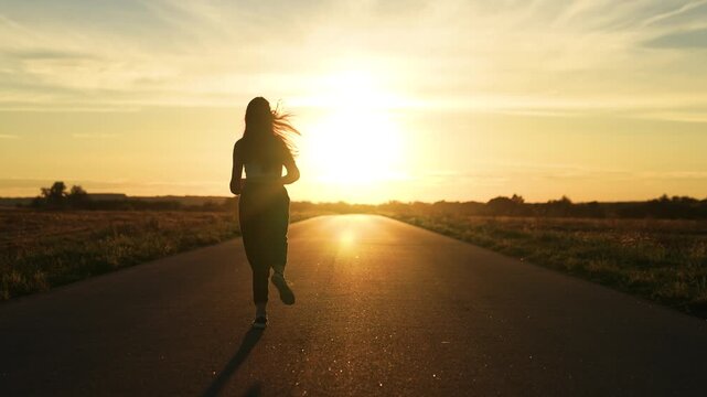 silhouette sports girl running legs along road sunset, woman sport recreation, athlete cardio training, fit athlete, professional athletes, sport leisure fitness, motivation running with fitness woman