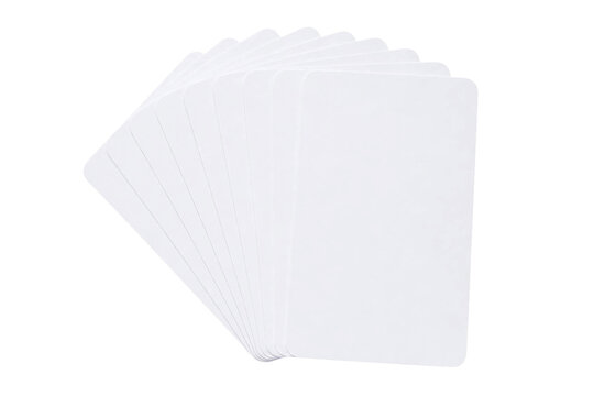 Fan of blank white playing cards arranged in a neat stack against a clean isolated background