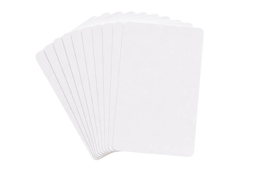 A fanned stack of blank white rectangular cards isolated against a clean white background