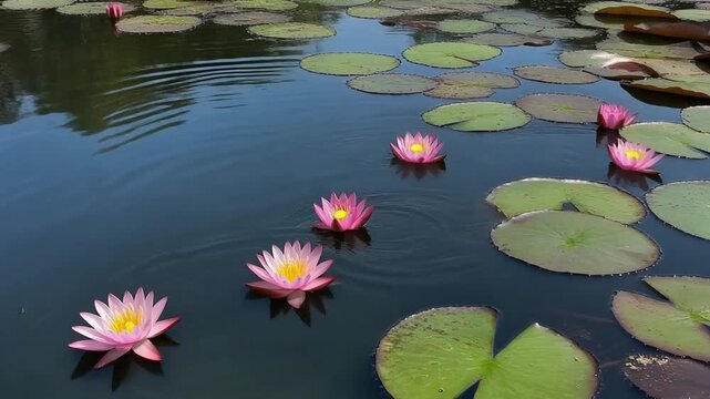 Pink Water Lilies Floating on Calm Pond Surface with Lily Pads