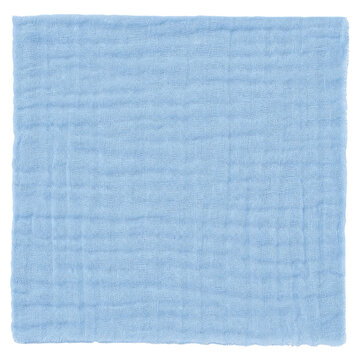 Light blue muslin fabric square with a soft crinkled texture isolated on a white background