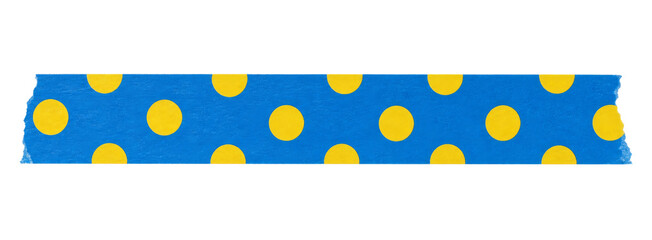 Strip of blue washi tape with yellow polka dot pattern isolated on a clean white background © Sapphire