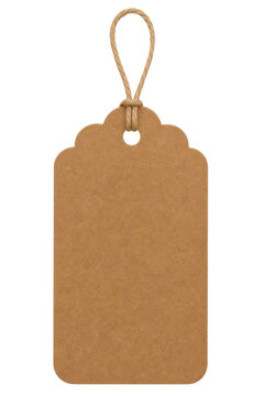 Blank brown cardboard gift tag with a rustic twine loop isolated on a white background
