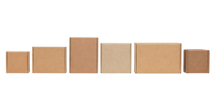 A collection of six empty brown cardboard boxes of various sizes arranged in a horizontal row