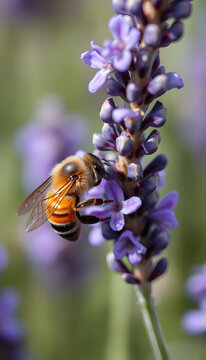 Honey bee (Apis mellifera) collecting pollen at violet flower. Bee pollinates lavender flower on blur background. Wide banner. Super macro. Extreme close-up. Organic BIO farming, back to nature, Col